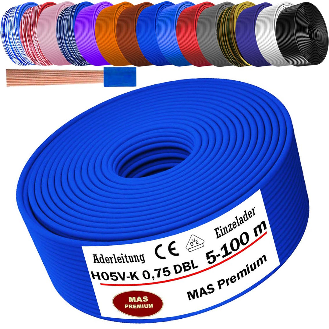 H05 V-K 0,75 mm² Aderleitung BR DBL DBL-WS GNGE  GR oder HBL 5 bis 100 m