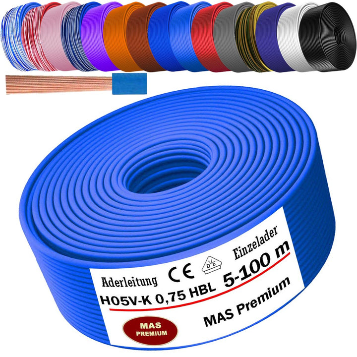 H05 V-K 0,75 mm² Aderleitung BR DBL DBL-WS GNGE  GR oder HBL 5 bis 100 m