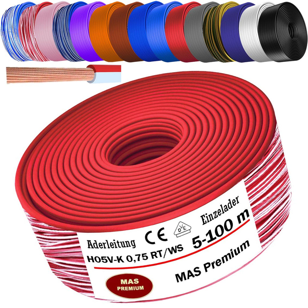 H05 V-K 0,75 mm² Aderleitung HBL-WS OR RS RT oder RT-WS 5 bis 100 m