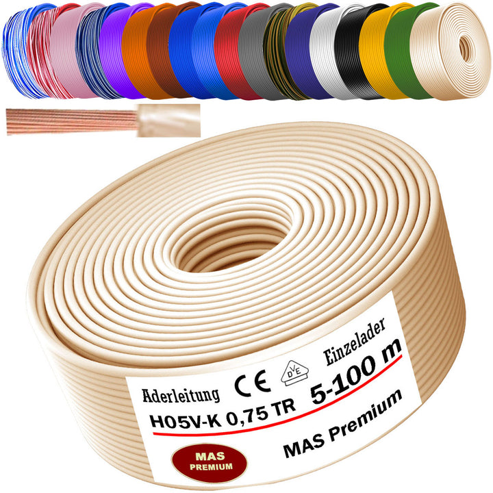 H05 V-K 0,75 mm² Aderleitung SW U-MAR.BL VIO WS GE GR oder TR 5 bis 100 m