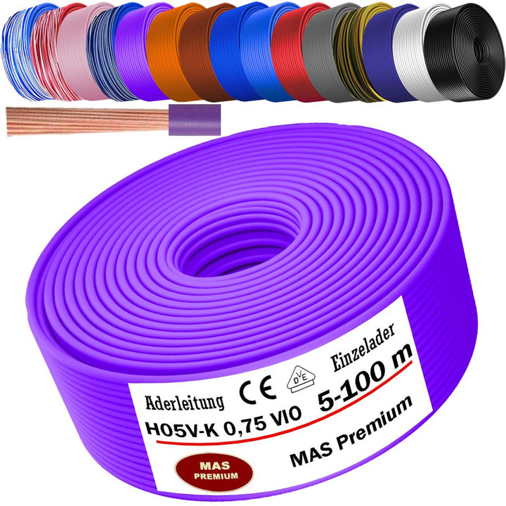 H05 V-K 0,75 mm² Aderleitung SW U-MAR.BL VIO WS GE GR oder TR 5 bis 100 m