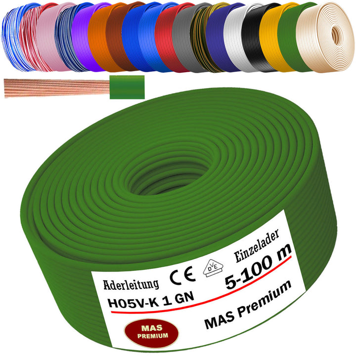 H05 V-K 1 mm² Aderleitung SW U-MAR.BL VIO WS GE oder GN 5 bis 100 m