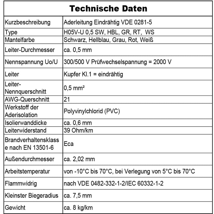 H05 V-U 0,5 mm² SW HBL GR RT oder WS Aderleitung Eindrähtig Einzelader starr - 5 bis 100 m