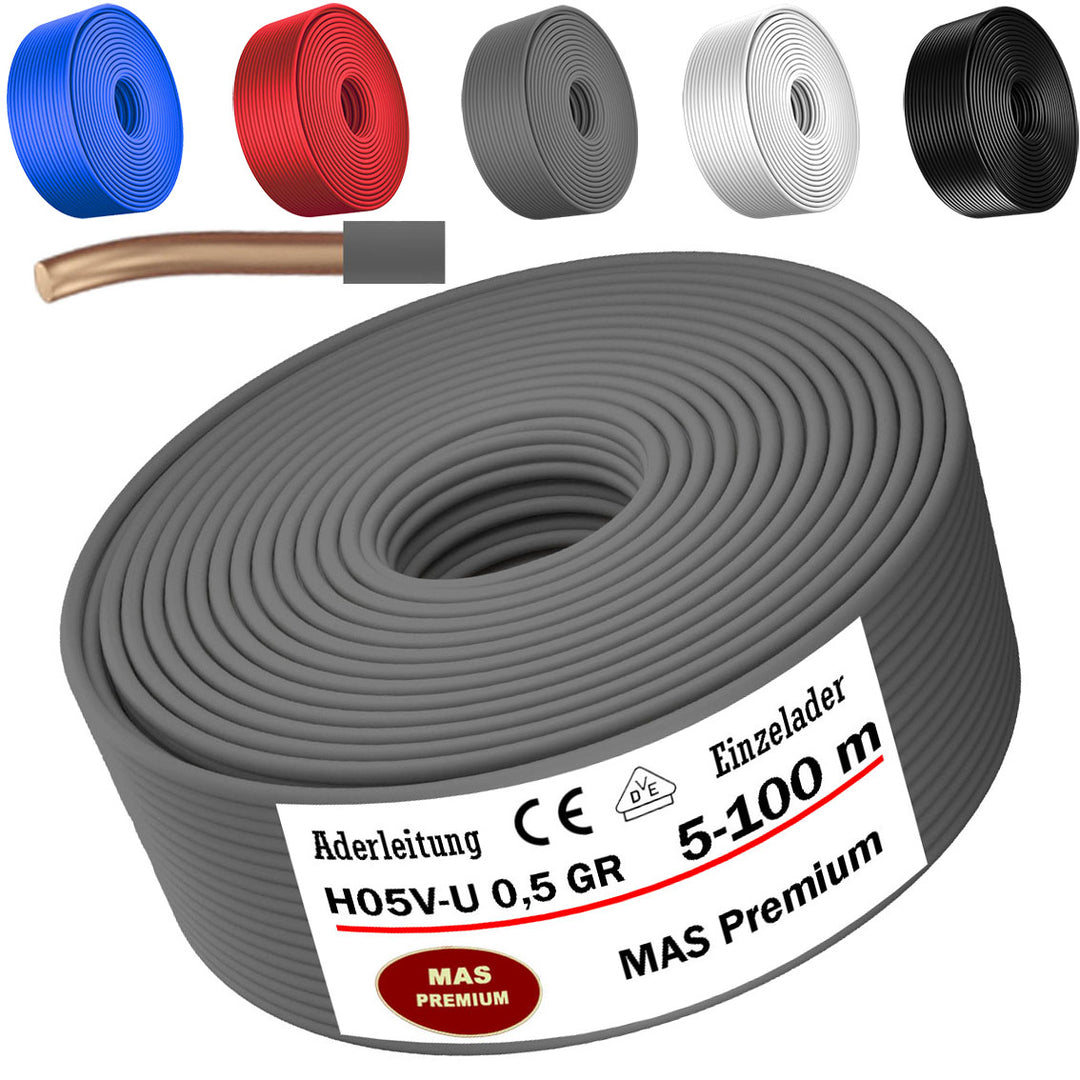 H05 V-U 0,5 mm² SW HBL GR RT oder WS Aderleitung Eindrähtig Einzelader starr - 5 bis 100 m