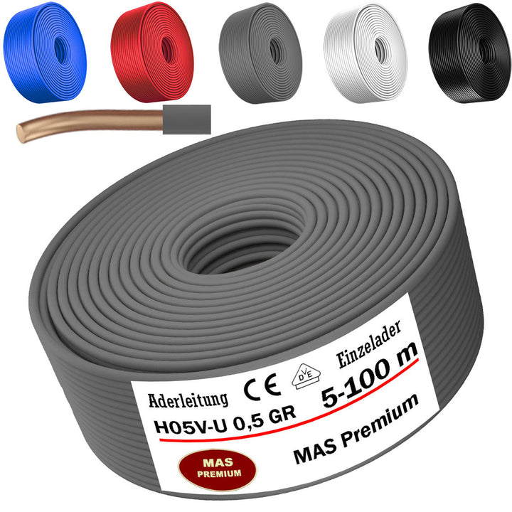 H05 V-U 0,5 mm² SW HBL GR RT oder WS Aderleitung Eindrähtig Einzelader starr - 5 bis 100 m