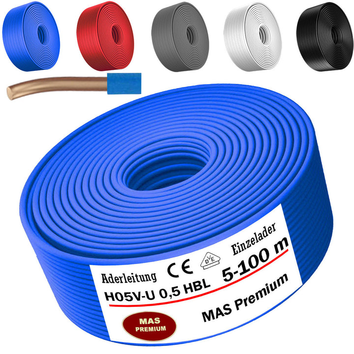 H05 V-U 0,5 mm² SW HBL GR RT oder WS Aderleitung Eindrähtig Einzelader starr - 5 bis 100 m