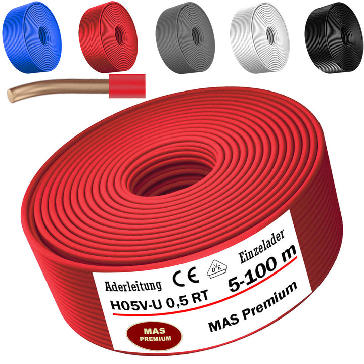 H05 V-U 0,5 mm² SW HBL GR RT oder WS Aderleitung Eindrähtig Einzelader starr - 5 bis 100 m