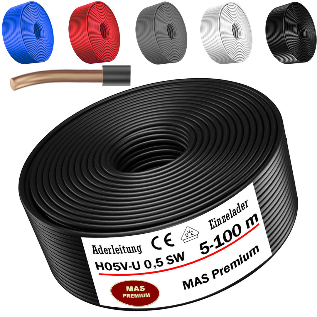 H05 V-U 0,5 mm² SW HBL GR RT oder WS Aderleitung Eindrähtig Einzelader starr - 5 bis 100 m