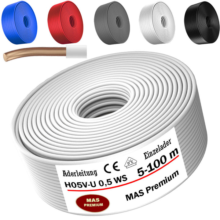 H05 V-U 0,5 mm² SW HBL GR RT oder WS Aderleitung Eindrähtig Einzelader starr - 5 bis 100 m