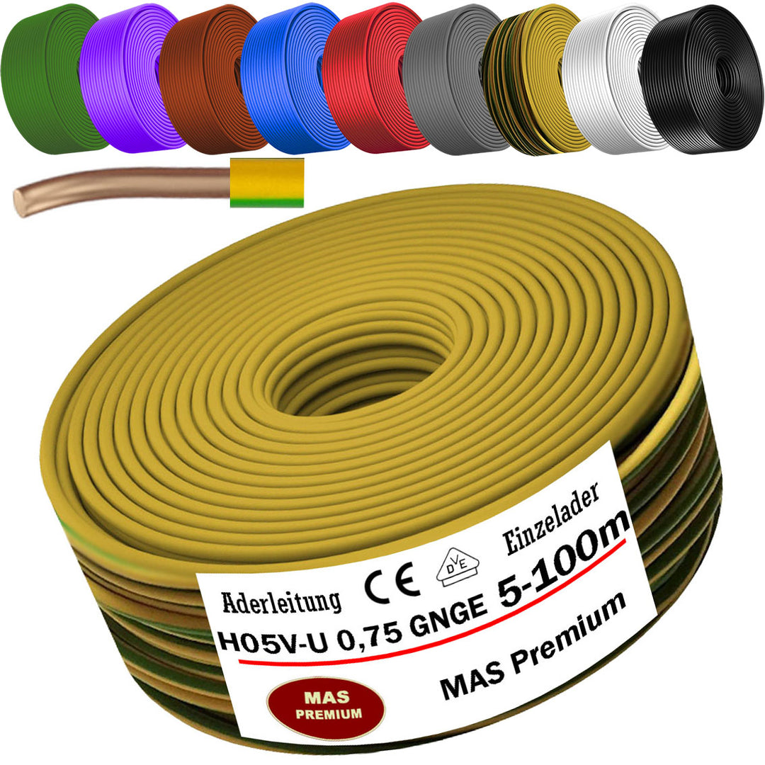 H05 V-U 0,75 mm² SW GNGE HBL BR GR GN VIO RT oder WS Aderleitung Eindrähtig Einzelader starr - 5 bis 100 m