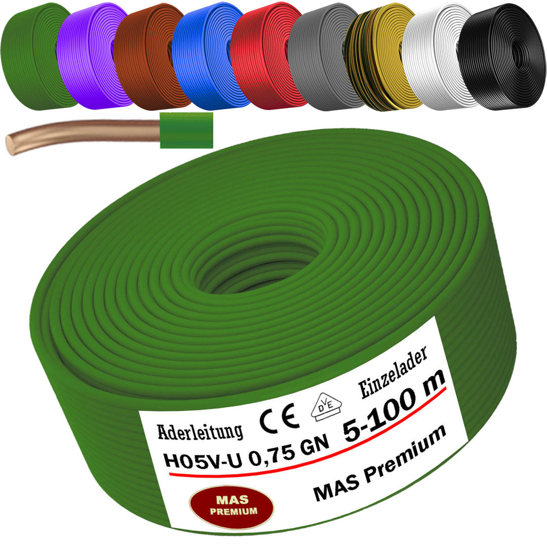 H05 V-U 0,75 mm² SW GNGE HBL BR GR GN VIO RT oder WS Aderleitung Eindrähtig Einzelader starr - 5 bis 100 m
