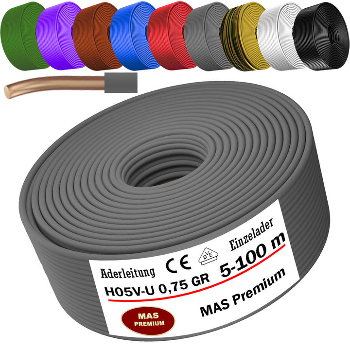 H05 V-U 0,75 mm² SW GNGE HBL BR GR GN VIO RT oder WS Aderleitung Eindrähtig Einzelader starr - 5 bis 100 m