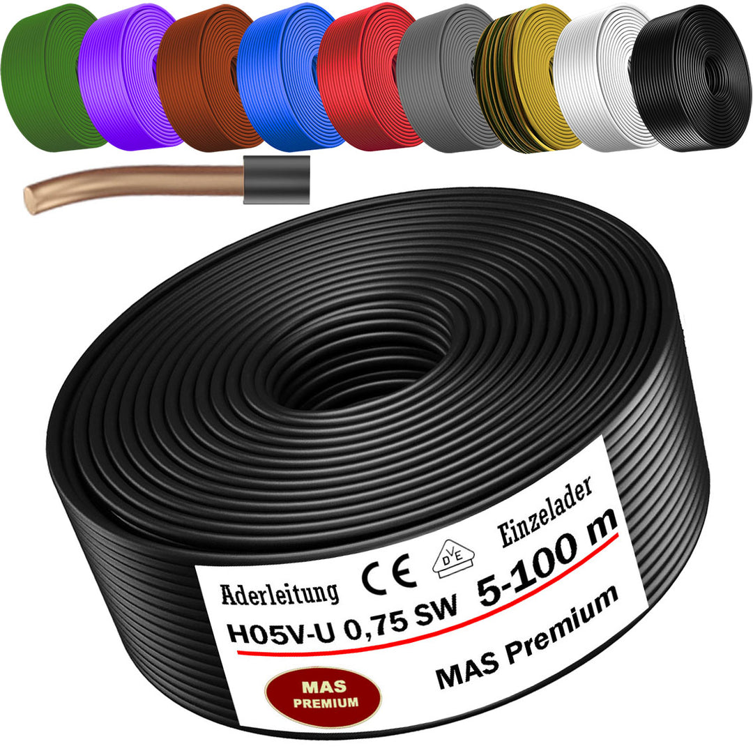 H05 V-U 0,75 mm² SW GNGE HBL BR GR GN VIO RT oder WS Aderleitung Eindrähtig Einzelader starr - 5 bis 100 m