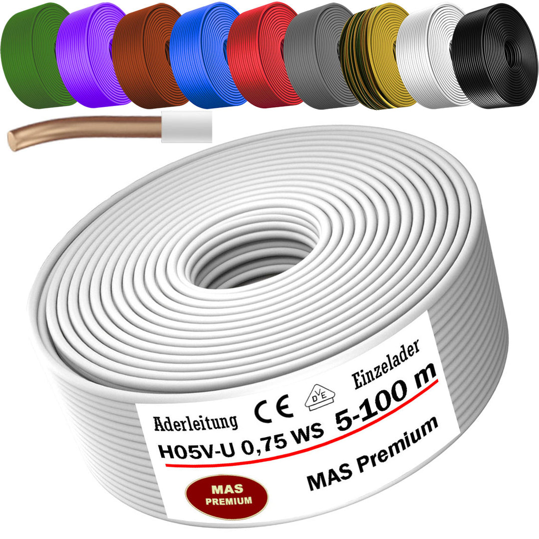 H05 V-U 0,75 mm² SW GNGE HBL BR GR GN VIO RT oder WS Aderleitung Eindrähtig Einzelader starr - 5 bis 100 m