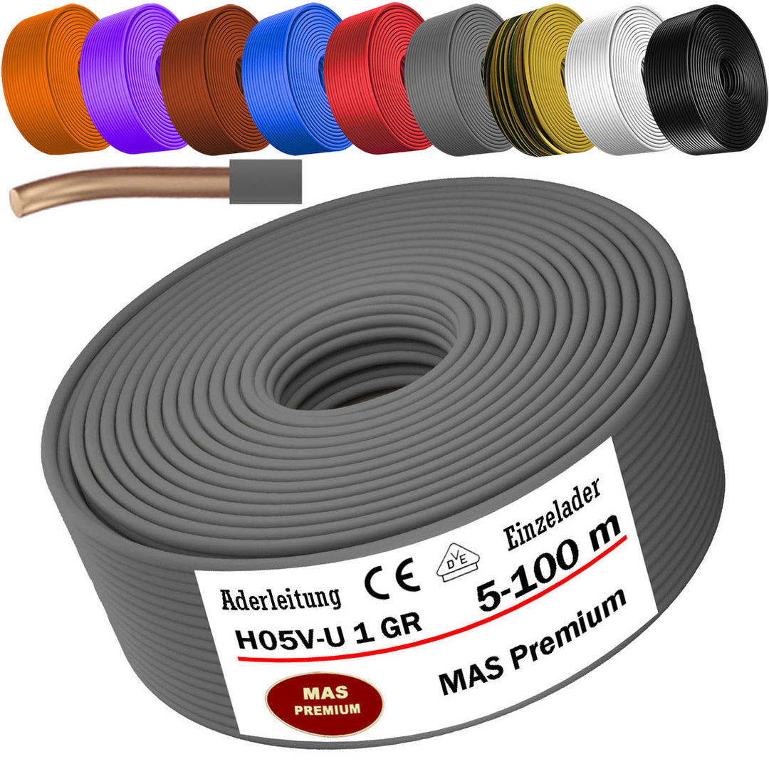 H05 V-U 1 mm² SW GNGE HBL BR GR OR VIO RT oder WS Aderleitung Eindrähtig Einzelader starr - 5 bis 100 m