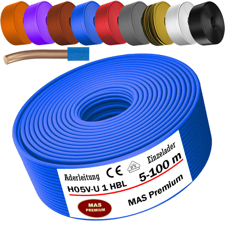 H05 V-U 1 mm² SW GNGE HBL BR GR OR VIO RT oder WS Aderleitung Eindrähtig Einzelader starr - 5 bis 100 m