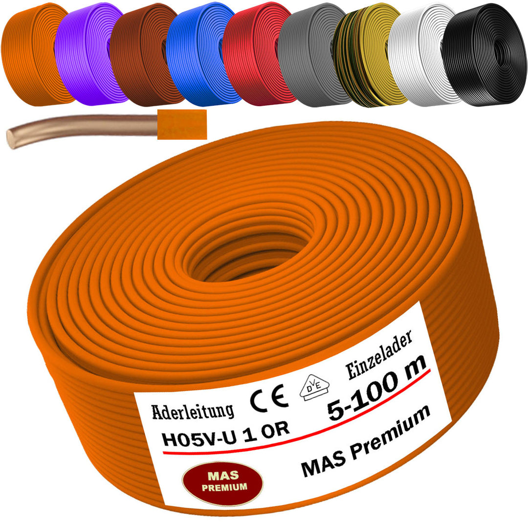 H05 V-U 1 mm² SW GNGE HBL BR GR OR VIO RT oder WS Aderleitung Eindrähtig Einzelader starr - 5 bis 100 m
