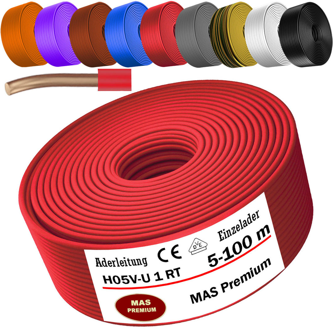 H05 V-U 1 mm² SW GNGE HBL BR GR OR VIO RT oder WS Aderleitung Eindrähtig Einzelader starr - 5 bis 100 m