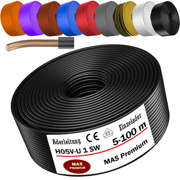 H05 V-U 1 mm² SW GNGE HBL BR GR OR VIO RT oder WS Aderleitung Eindrähtig Einzelader starr - 5 bis 100 m