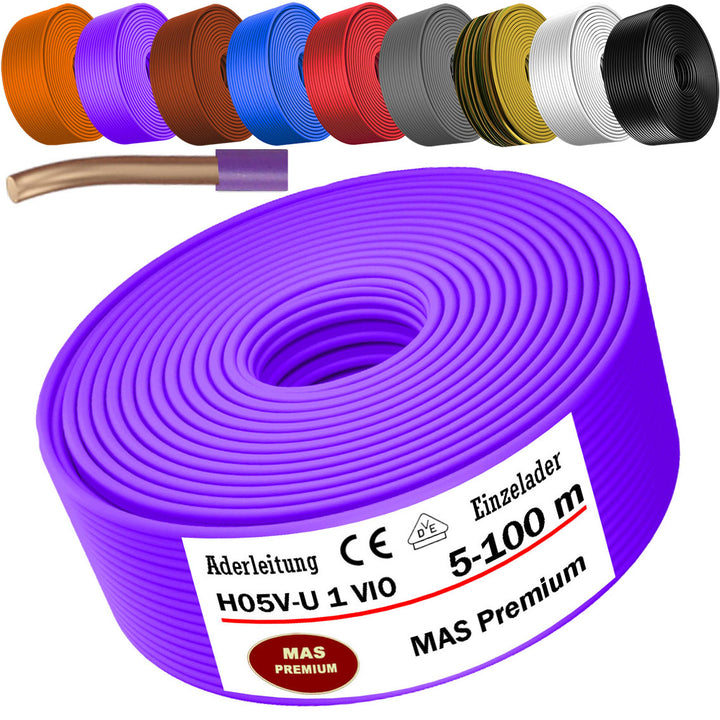 H05 V-U 1 mm² SW GNGE HBL BR GR OR VIO RT oder WS Aderleitung Eindrähtig Einzelader starr - 5 bis 100 m