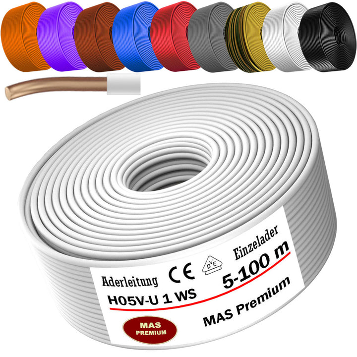 H05 V-U 1 mm² SW GNGE HBL BR GR OR VIO RT oder WS Aderleitung Eindrähtig Einzelader starr - 5 bis 100 m