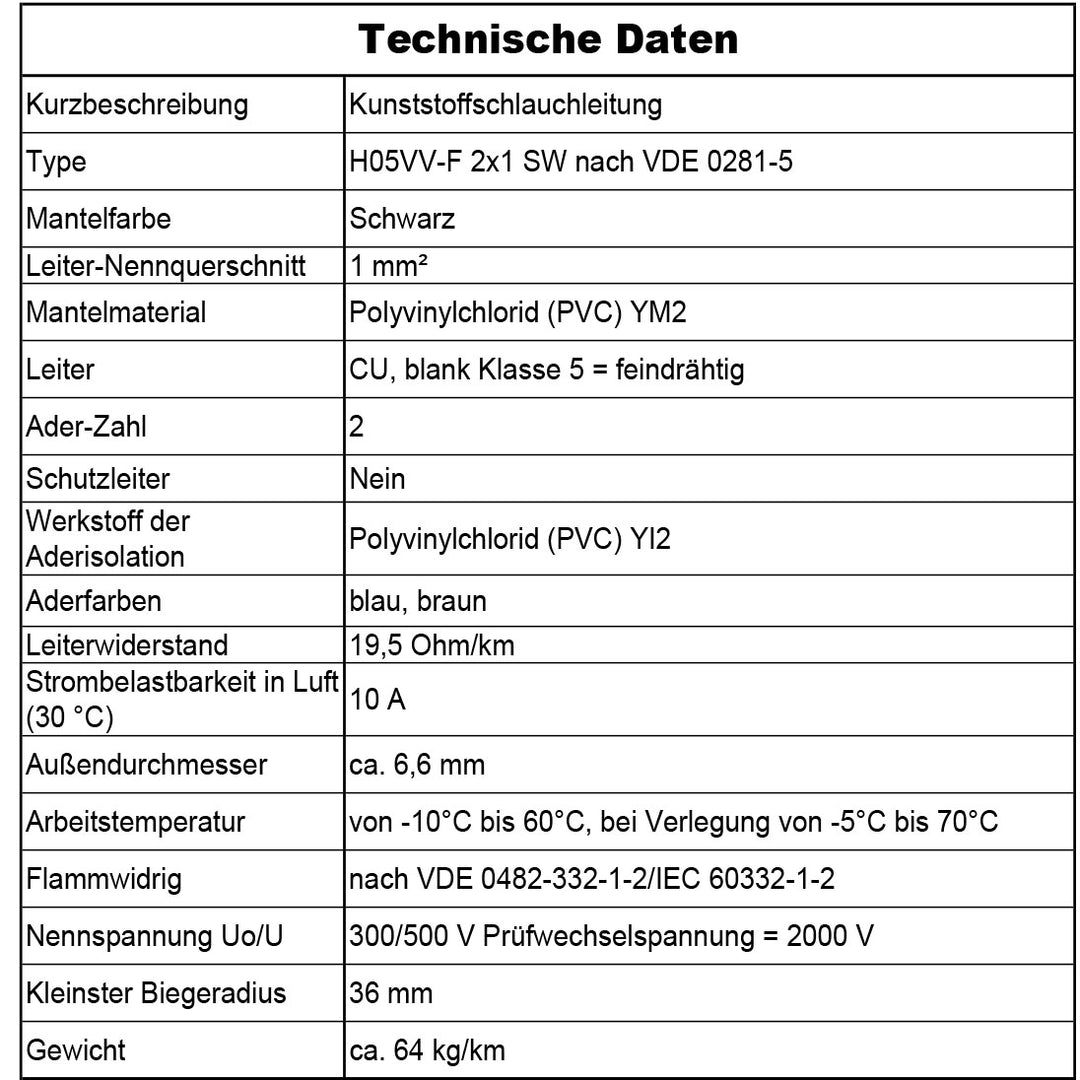 H05VV-F 2x 0,75 /1 /1,5 oder 2,5 Schlauchleitung Schwarz 5 bis 100 m