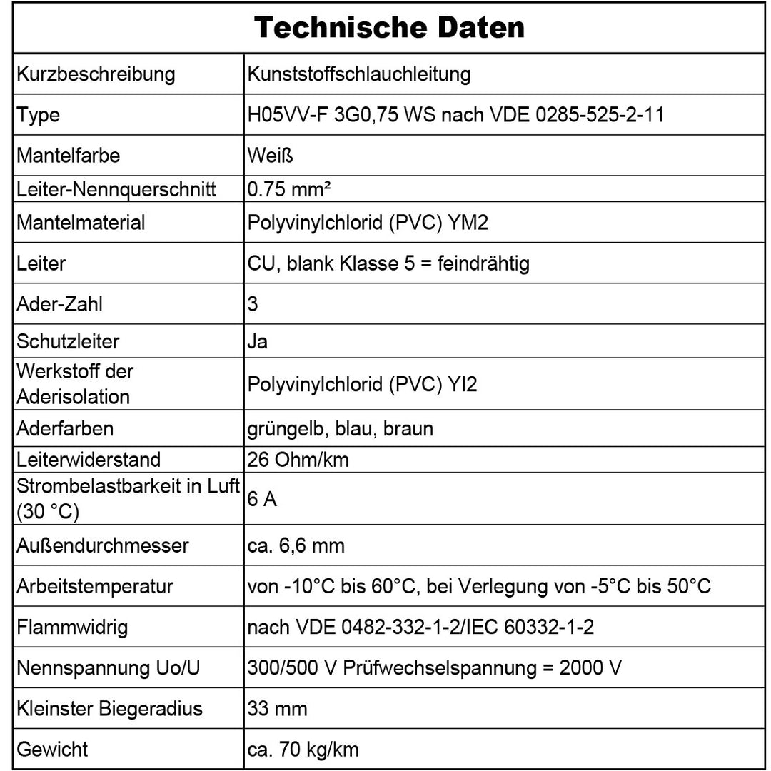 H05VV-F 3G 0,75 /1 /1,5 oder 2,5 Schlauchleitung Weiß 5 bis 100 m