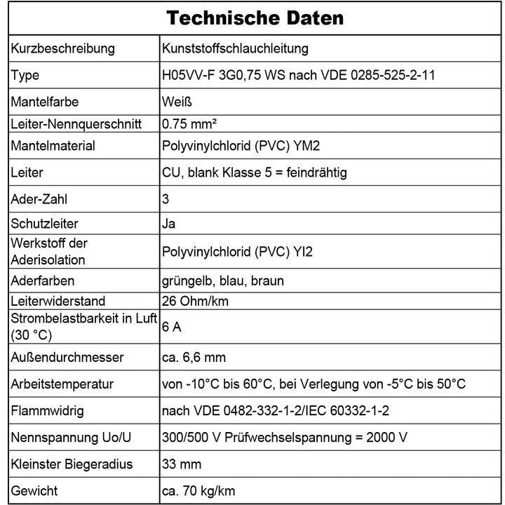 H05VV-F 3G 0,75 /1 /1,5 oder 2,5 Schlauchleitung Weiß 5 bis 100 m