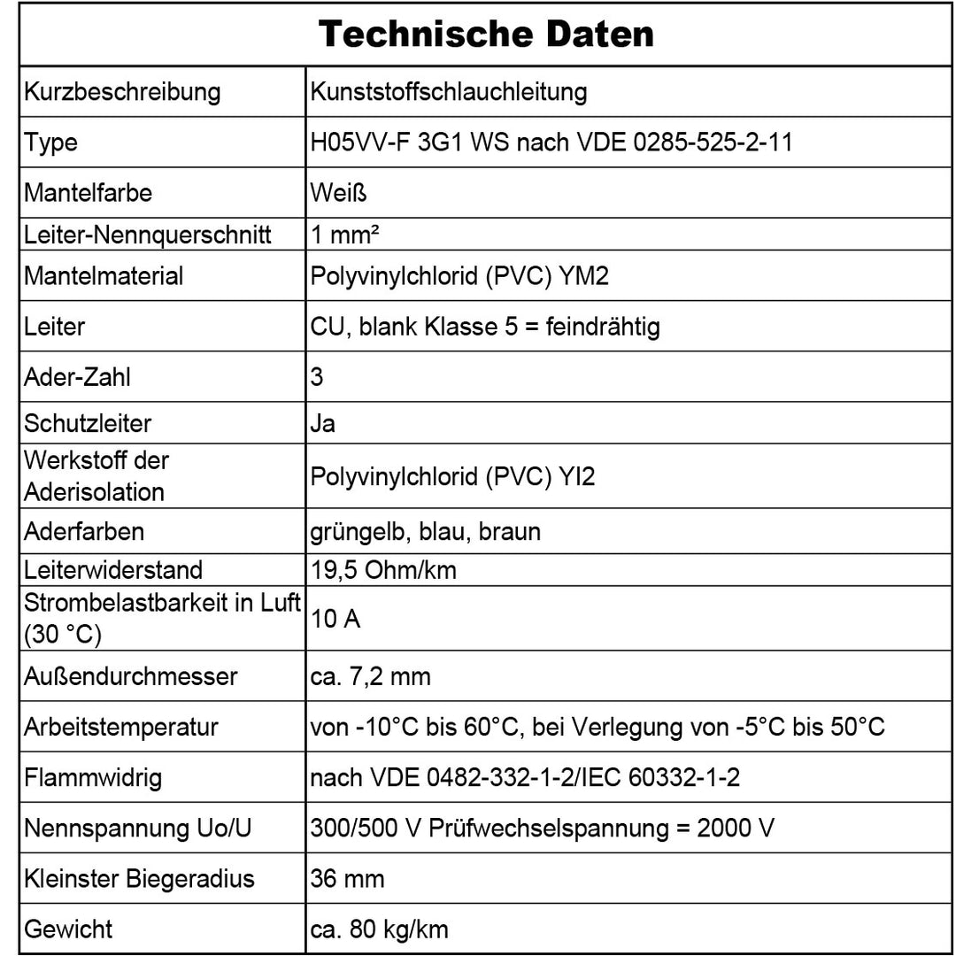 H05VV-F 3G 0,75 /1 /1,5 oder 2,5 Schlauchleitung Weiß 5 bis 100 m