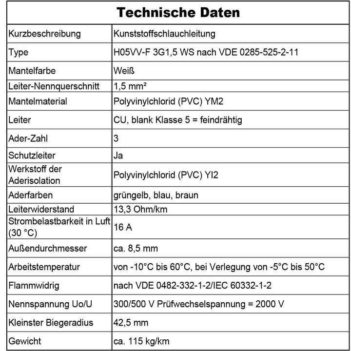 H05VV-F 3G 0,75 /1 /1,5 oder 2,5 Schlauchleitung Weiß 5 bis 100 m