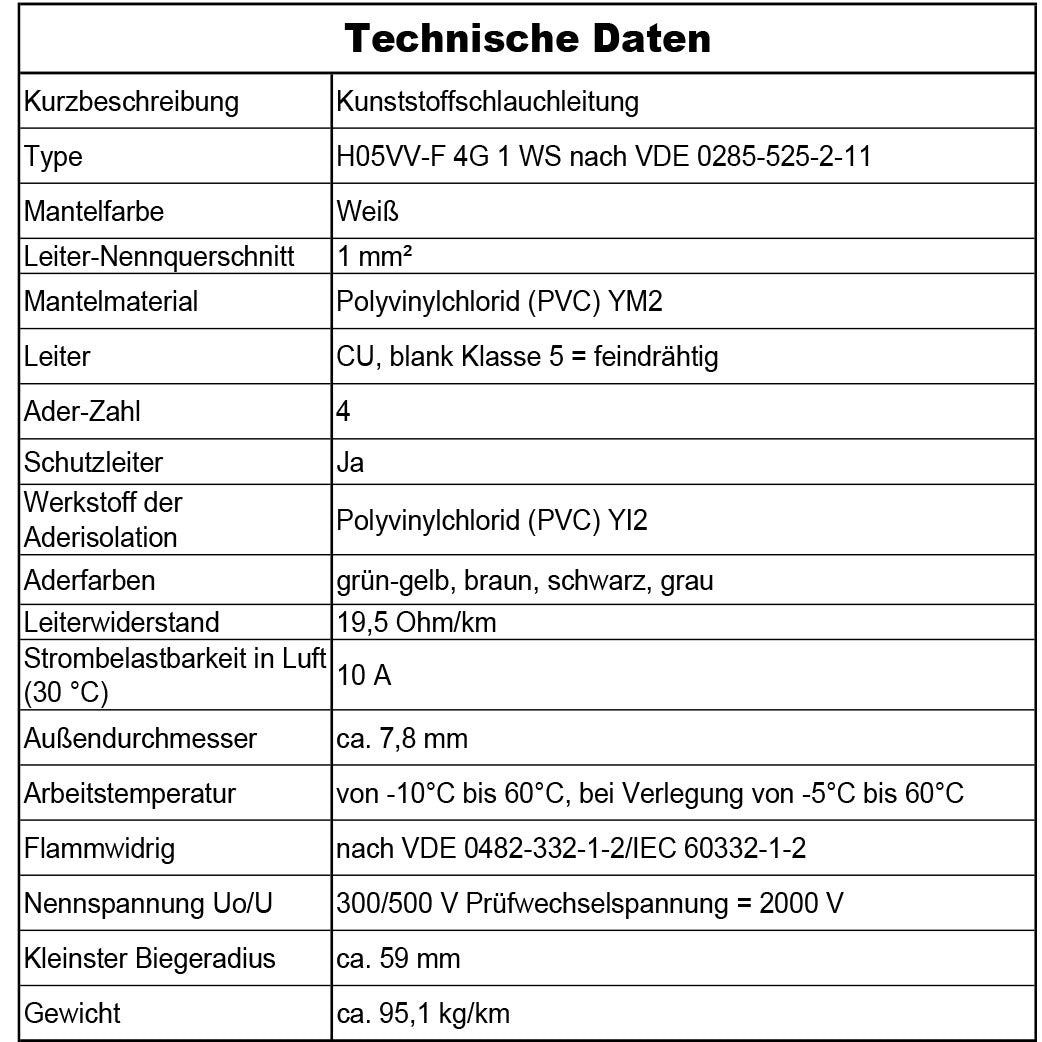 H05VV-F 4G 0,75 /1 /1,5 oder 2,5 Schlauchleitung Weiß 5 bis 100 m