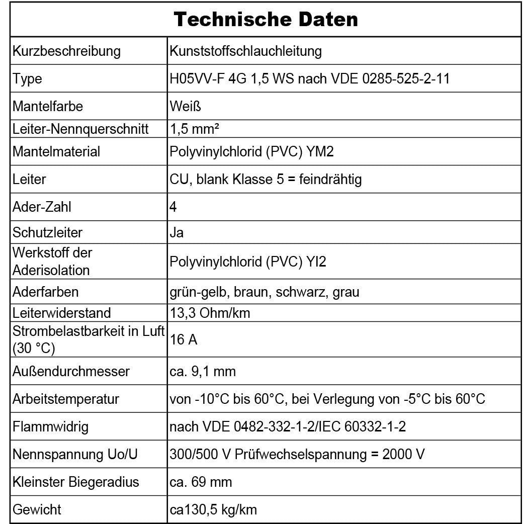 H05VV-F 4G 0,75 /1 /1,5 oder 2,5 Schlauchleitung Weiß 5 bis 100 m