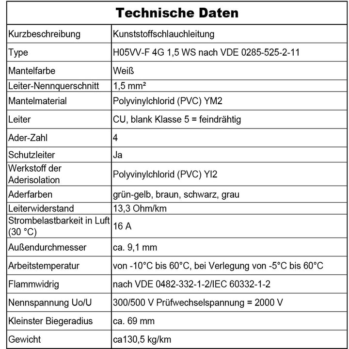 H05VV-F 4G 0,75 /1 /1,5 oder 2,5 Schlauchleitung Weiß 5 bis 100 m