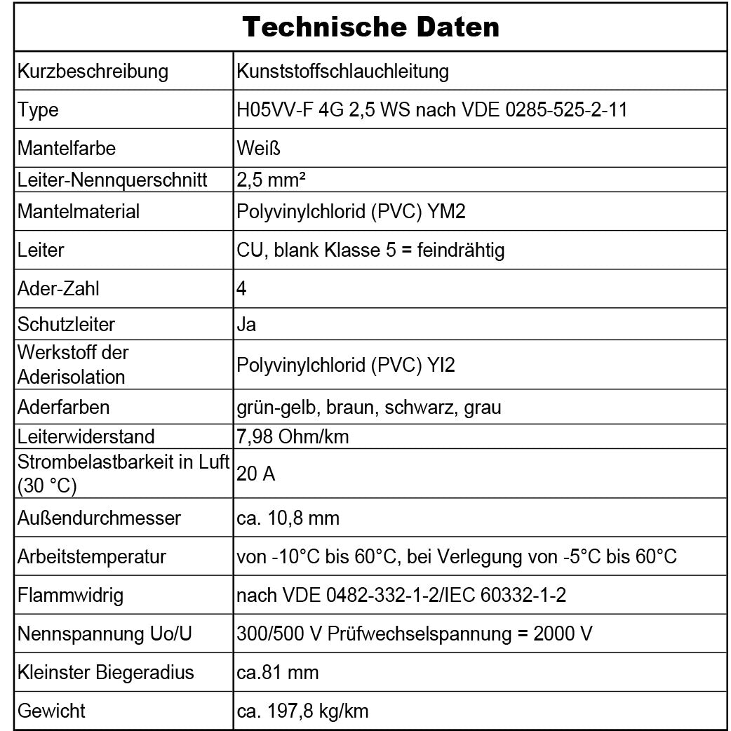 H05VV-F 4G 0,75 /1 /1,5 oder 2,5 Schlauchleitung Weiß 5 bis 100 m