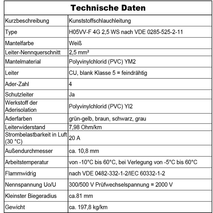 H05VV-F 4G 0,75 /1 /1,5 oder 2,5 Schlauchleitung Weiß 5 bis 100 m