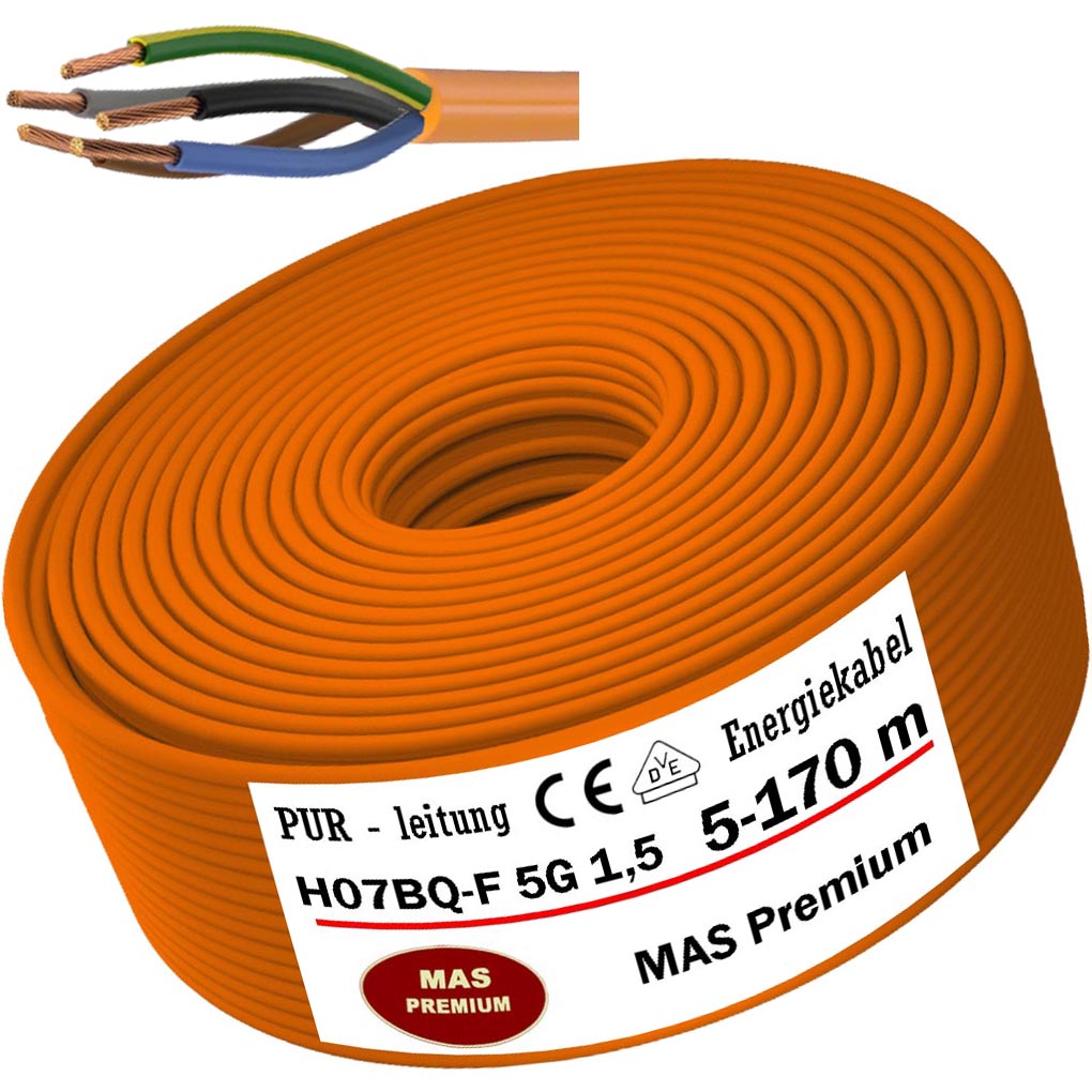 PUR-Leitung H07BQ-F 5G1,5 OR Geräteanschlussleitung Baustellenkabel von 5 bis 170 m