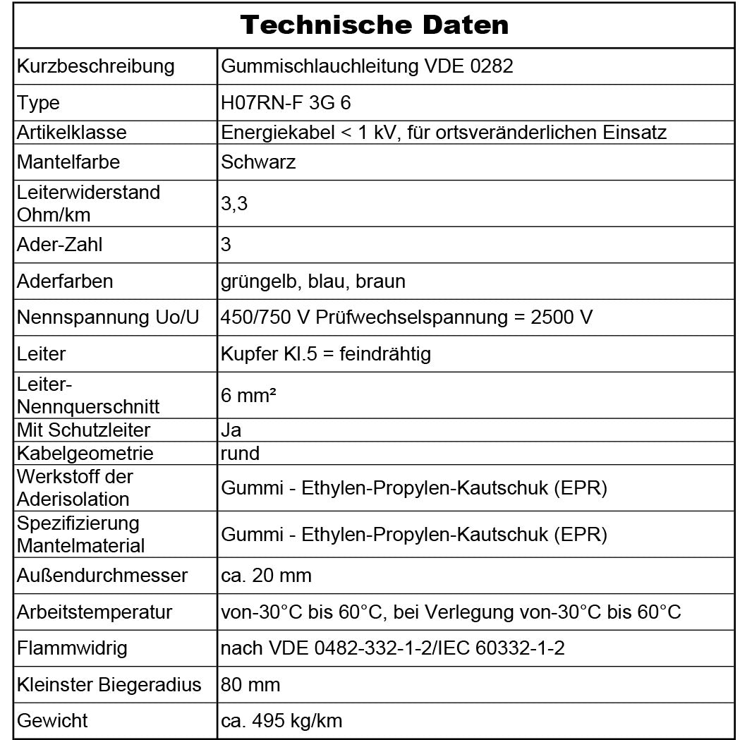 H07RN-F 3G 6 mm² Gummischlauchleitung Schwarz 5 bis 50 m