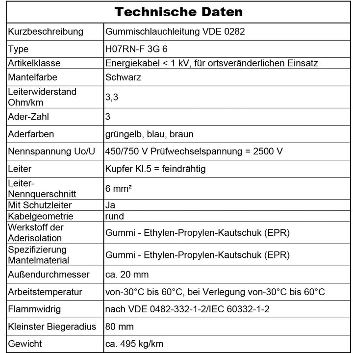 H07RN-F 3G 6 mm² Gummischlauchleitung Schwarz 5 bis 50 m