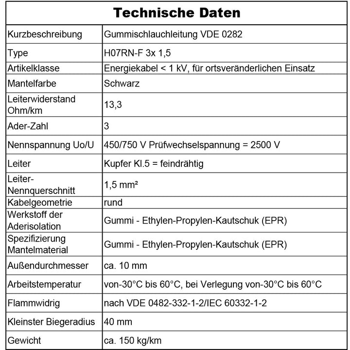 H07RN-F 3x 1,5 mm² Gummischlauchleitung Schwarz 5 bis 100 m