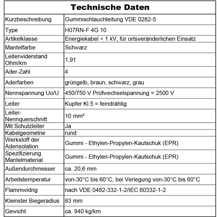 H07RN-F 4G 10 mm² Gummischlauchleitung Schwarz 5 bis 30 m