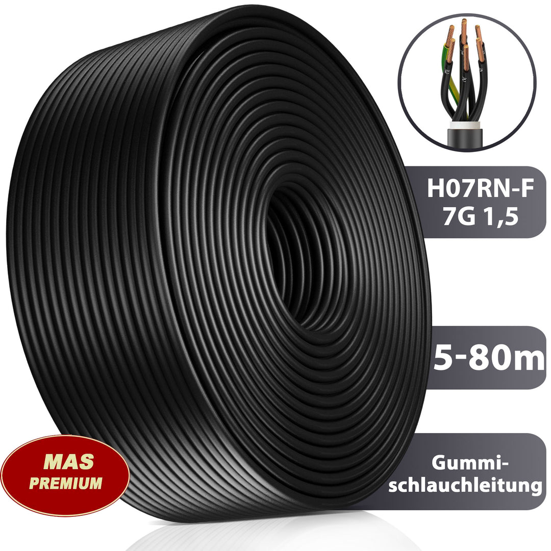 H07RN-F 7G 1,5 mm² Gummischlauchleitung Schwarz 5 bis 80 m