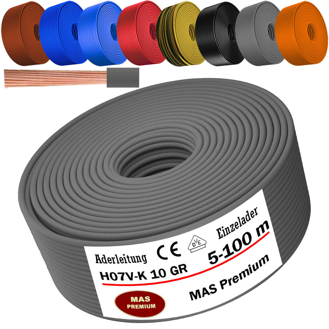 H07 V-K 10 mm² HBL, GR, OR oder RT Aderleitung - 5 bis 100 m