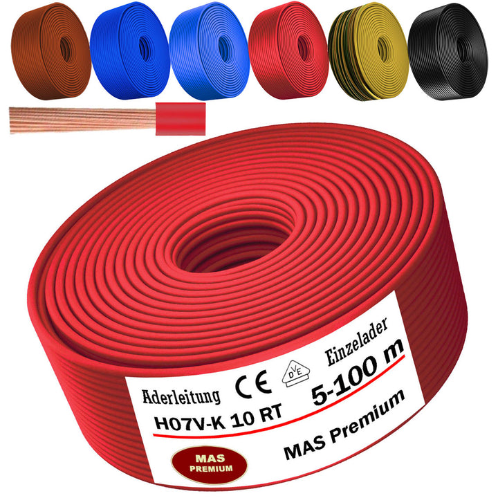 H07 V-K 10 mm² HBL, GR, OR oder RT Aderleitung - 5 bis 100 m