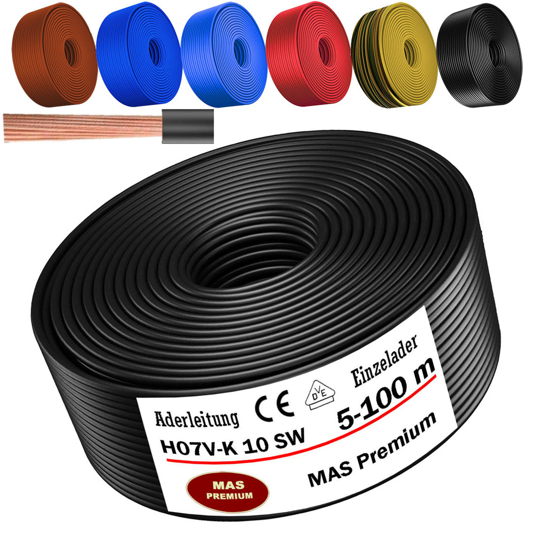 H07 V-K 10 mm² SW, BR, DBL oder GNGE Aderleitung - 5 bis 100 m