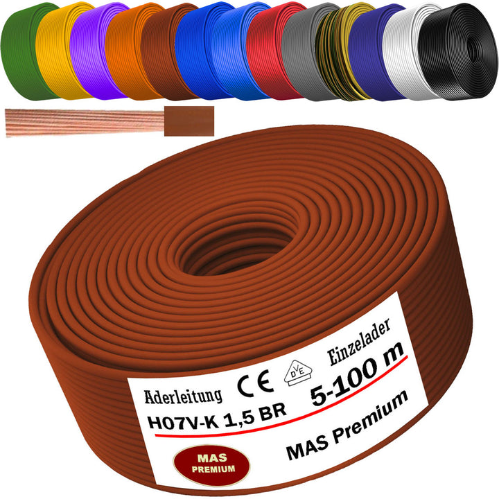 H07 V-K 1,5 mm² Aderleitung SW; HBL; GNGE; GN; RT; DBL oder BR 5 bis 100 m