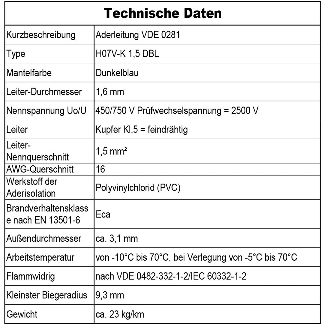 H07 V-K 1,5 mm² Aderleitung SW; HBL; GNGE; GN; RT; DBL oder BR 5 bis 100 m