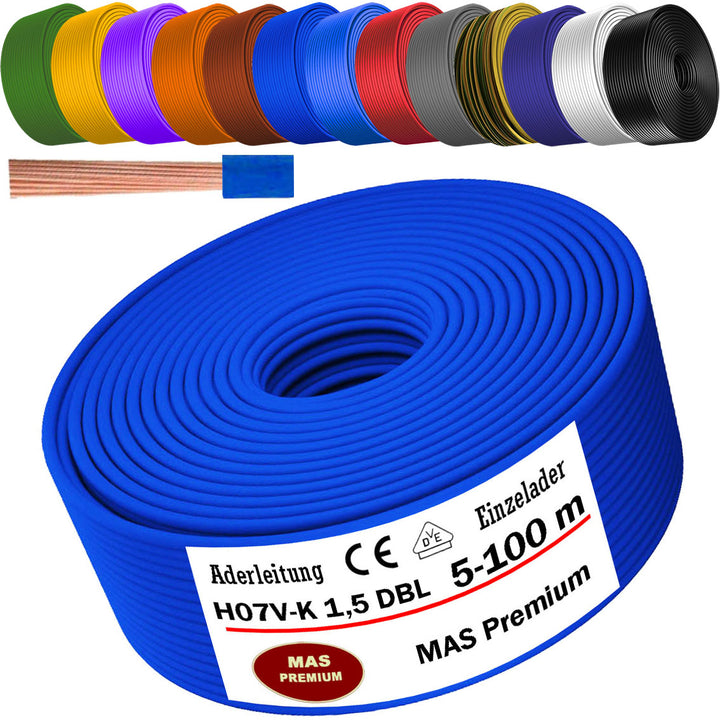 H07 V-K 1,5 mm² Aderleitung SW; HBL; GNGE; GN; RT; DBL oder BR 5 bis 100 m