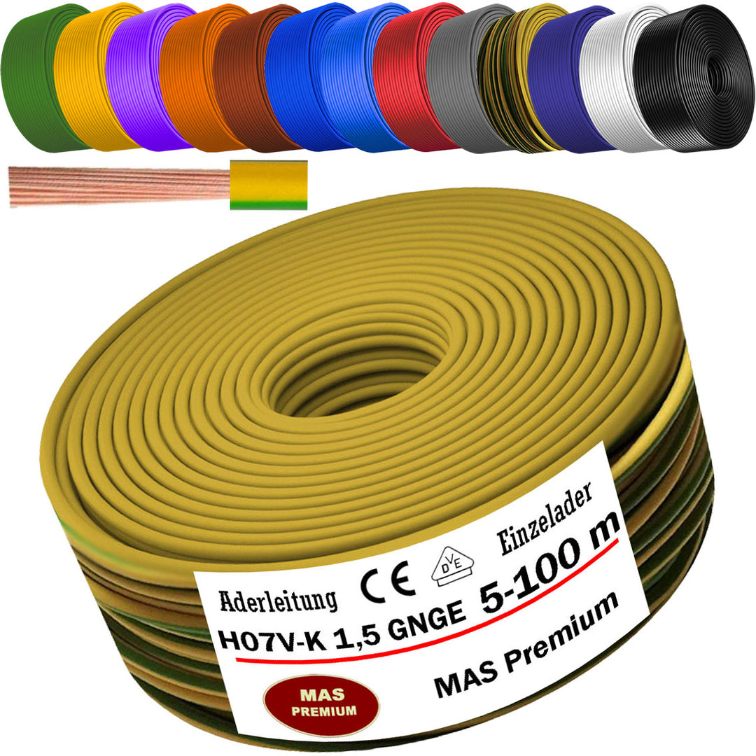 H07 V-K 1,5 mm² Aderleitung SW; HBL; GNGE; GN; RT; DBL oder BR 5 bis 100 m