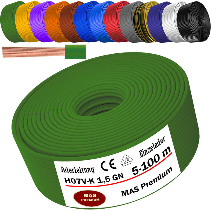 H07 V-K 1,5 mm² Aderleitung SW; HBL; GNGE; GN; RT; DBL oder BR 5 bis 100 m