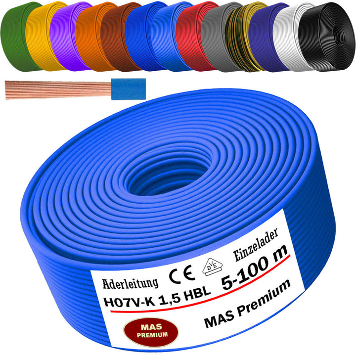 H07 V-K 1,5 mm² Aderleitung SW; HBL; GNGE; GN; RT; DBL oder BR 5 bis 100 m